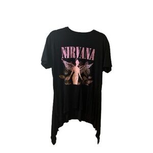 One of a kind Upcycled Nirvana Graphic Tee in Black with Pink Print 21X35
